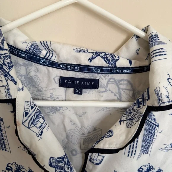 Blue Katie Kime XS Austin Texas Print Toile Short Sleeve 100% Cotton Pajama Top - Picture 5 of 7